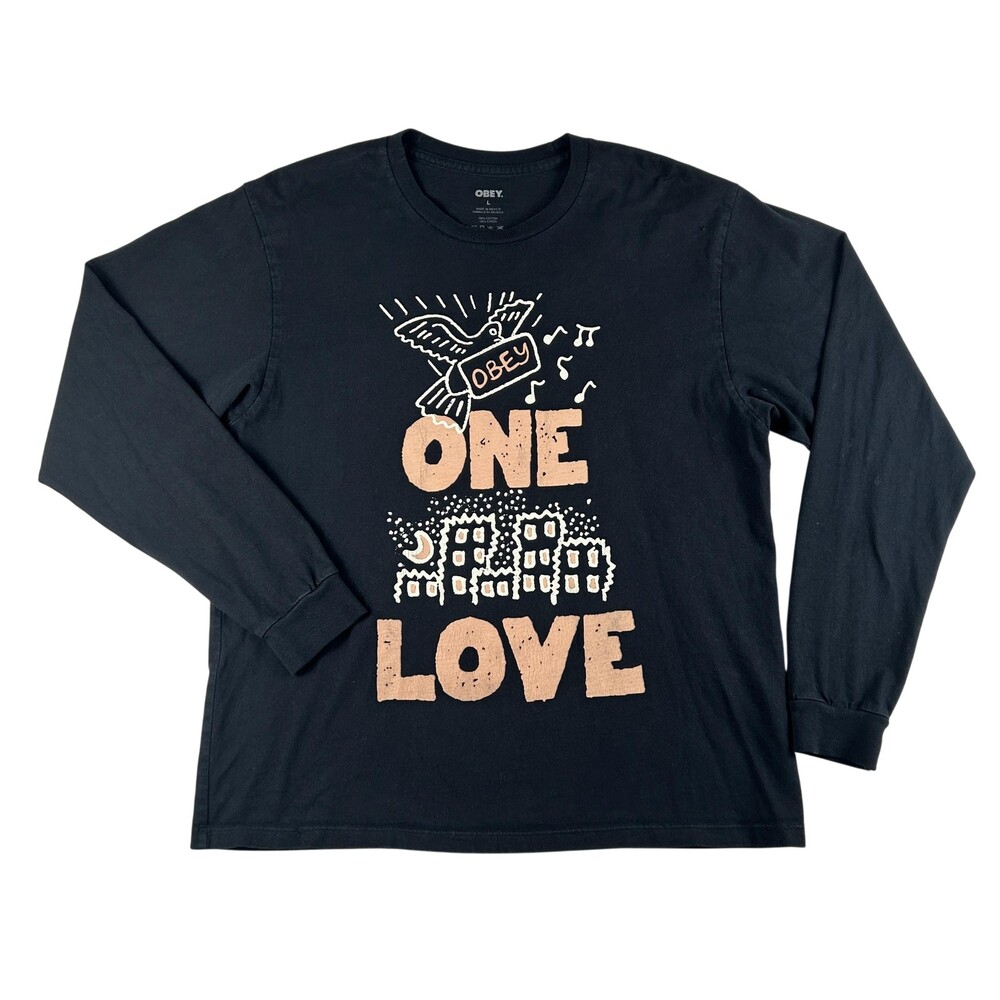 OBEY Shirt Womens Large Black One Love Graphic Long Sleeve Tee Top Streetwear